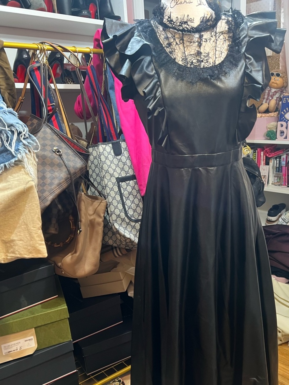 SHEIN Black Lace-Trim Ruffle Sleeve Maxi faux leather Dress